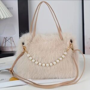 Elegant Cream Faux Fur Handbag with Pearl Accent